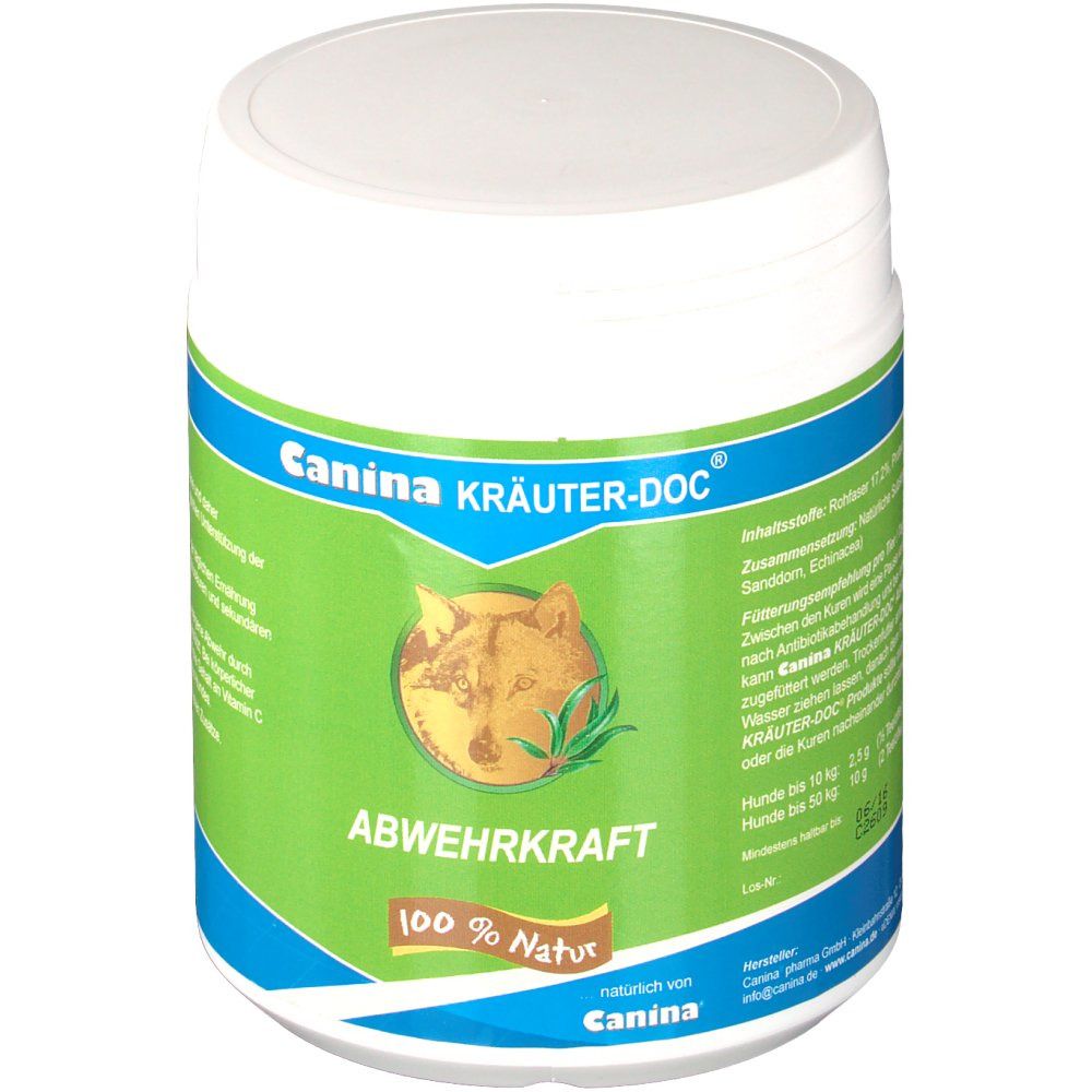 Weißes Produktgebinde mit grün-blauer Beschriftung. Aufschrift: Canina KRÄUTER-DOC Abwehrkraft. Logo: Hundekopf. 100 % Natur.