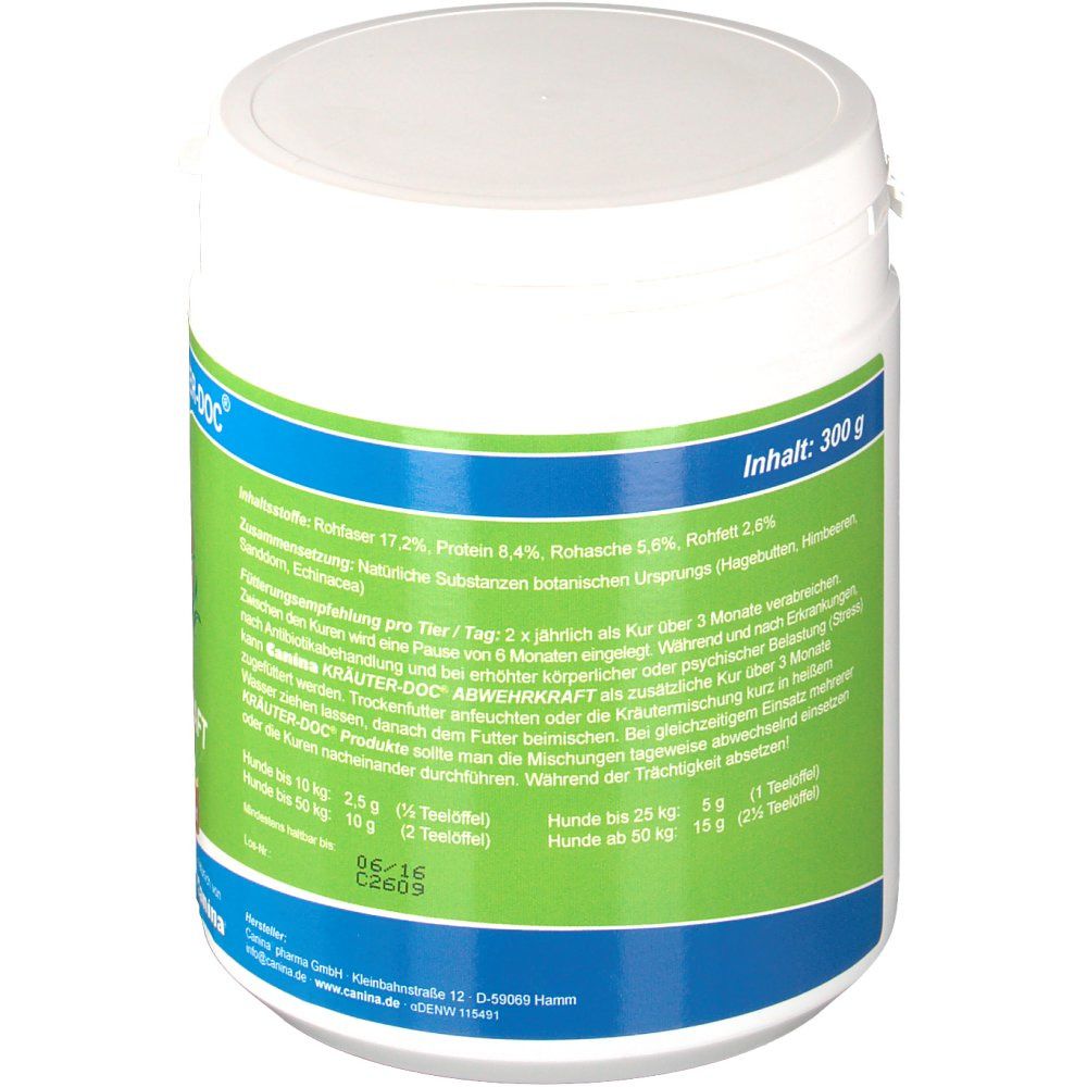 Weißes Produktgebinde, Rückseite mit grüner und blauer Beschriftung. Text: Inhaltsstoffe, Fütterungsempfehlung, Inhalt: 300 g.