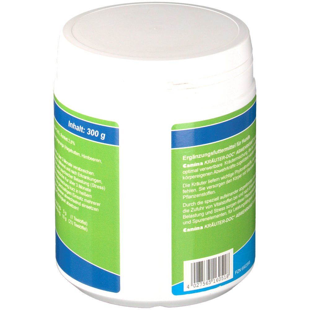 Weißes Produktgebinde, schräge Draufsicht. Grüne und blaue Beschriftung. Text: Ergänzungsfuttermittel für Hunde, Inhalt: 300 g.
