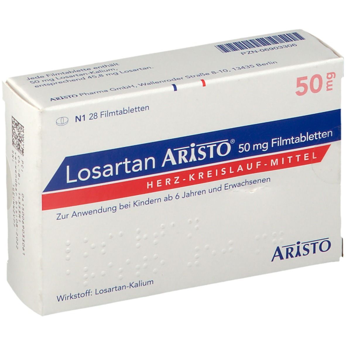Schachtel Losartan Aristo 50 mg Filmtabletten. Rote und blaue Schrift. Aufschrift: Herz-Kreislauf-Mittel. Aristo Logo.