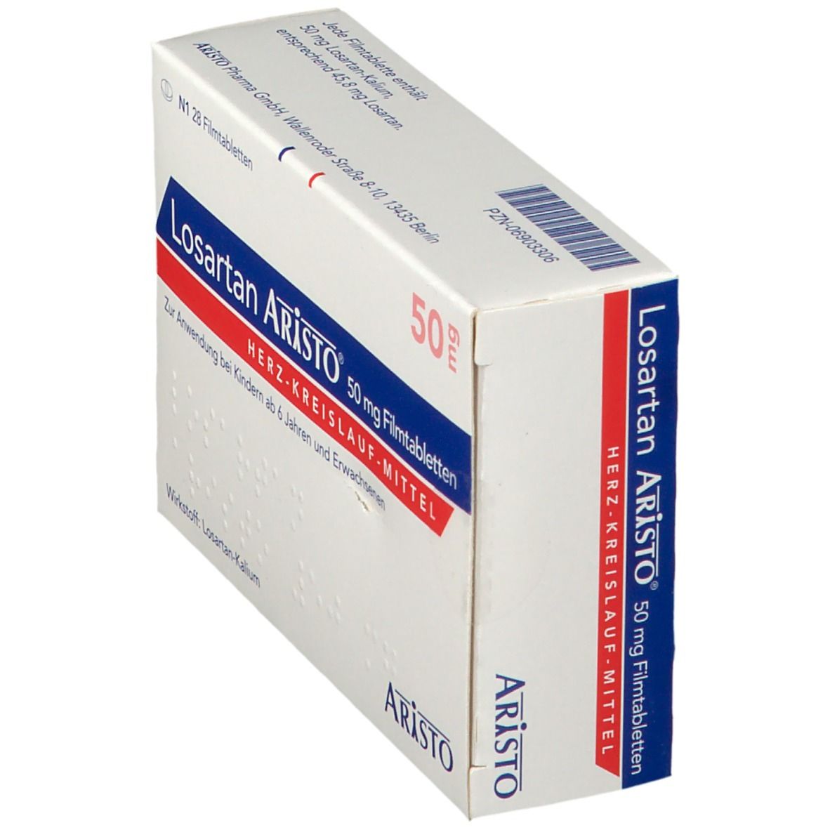 Schachtel Losartan Aristo 50 mg Filmtabletten. Rote und blaue Schrift. Aufschrift: Herz-Kreislauf-Mittel. Aristo Logo. Seitenansicht.