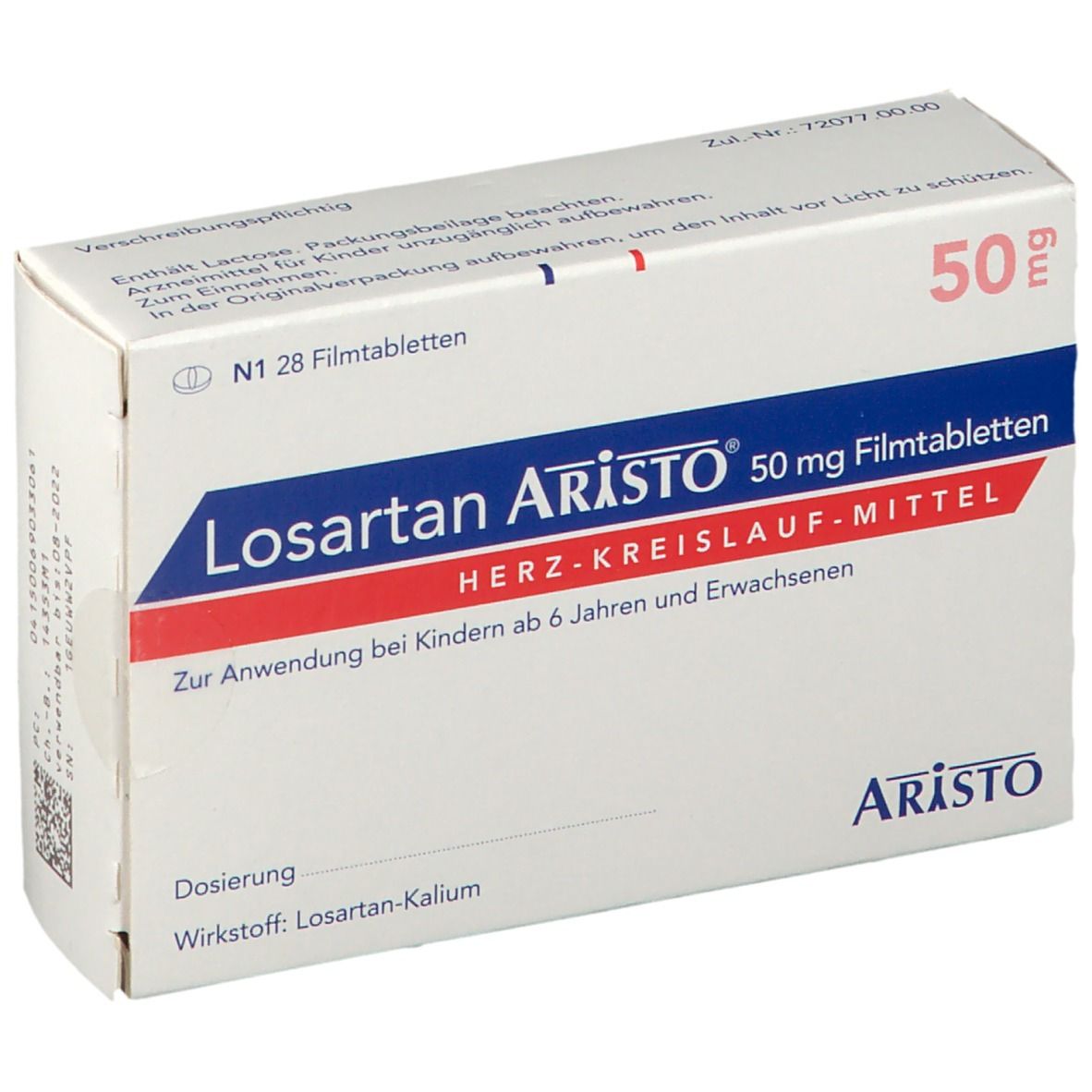 Schachtel Losartan Aristo 50 mg Filmtabletten. Rote und blaue Schrift. Aufschrift: Herz-Kreislauf-Mittel. Aristo Logo.