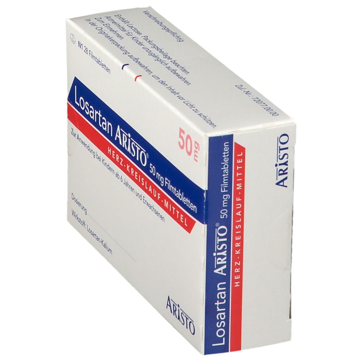 Schachtel Losartan Aristo 50 mg Filmtabletten. Rote und blaue Schrift. Aufschrift: Herz-Kreislauf-Mittel. Aristo Logo. Seitenansicht.
