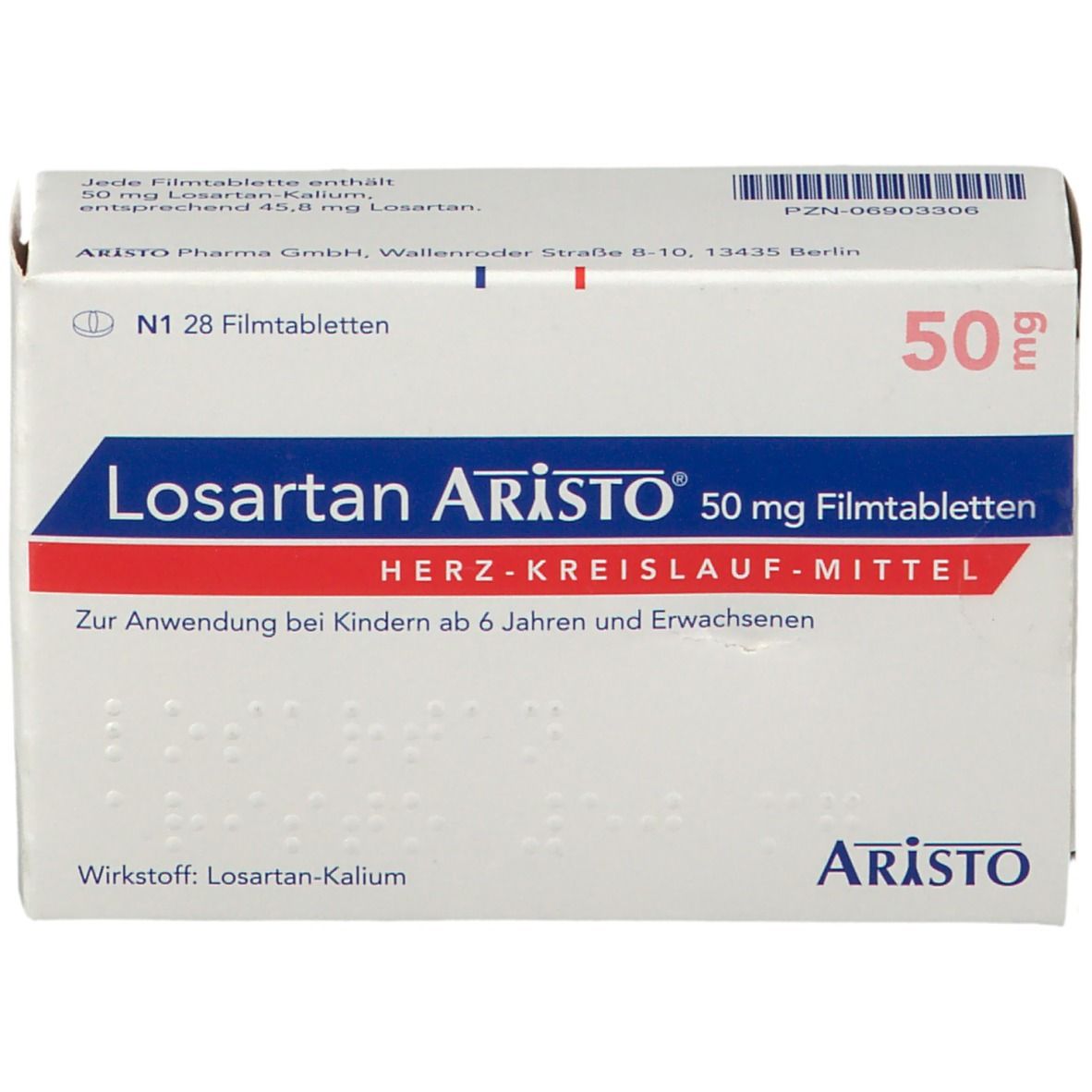 Schachtel Losartan Aristo 50 mg Filmtabletten. Rote und blaue Schrift. Aufschrift: Herz-Kreislauf-Mittel. Aristo Logo.