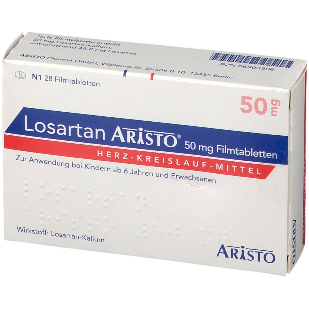 Schachtel Losartan Aristo 50 mg Filmtabletten. Rote und blaue Schrift. Aufschrift: Herz-Kreislauf-Mittel. Aristo Logo.