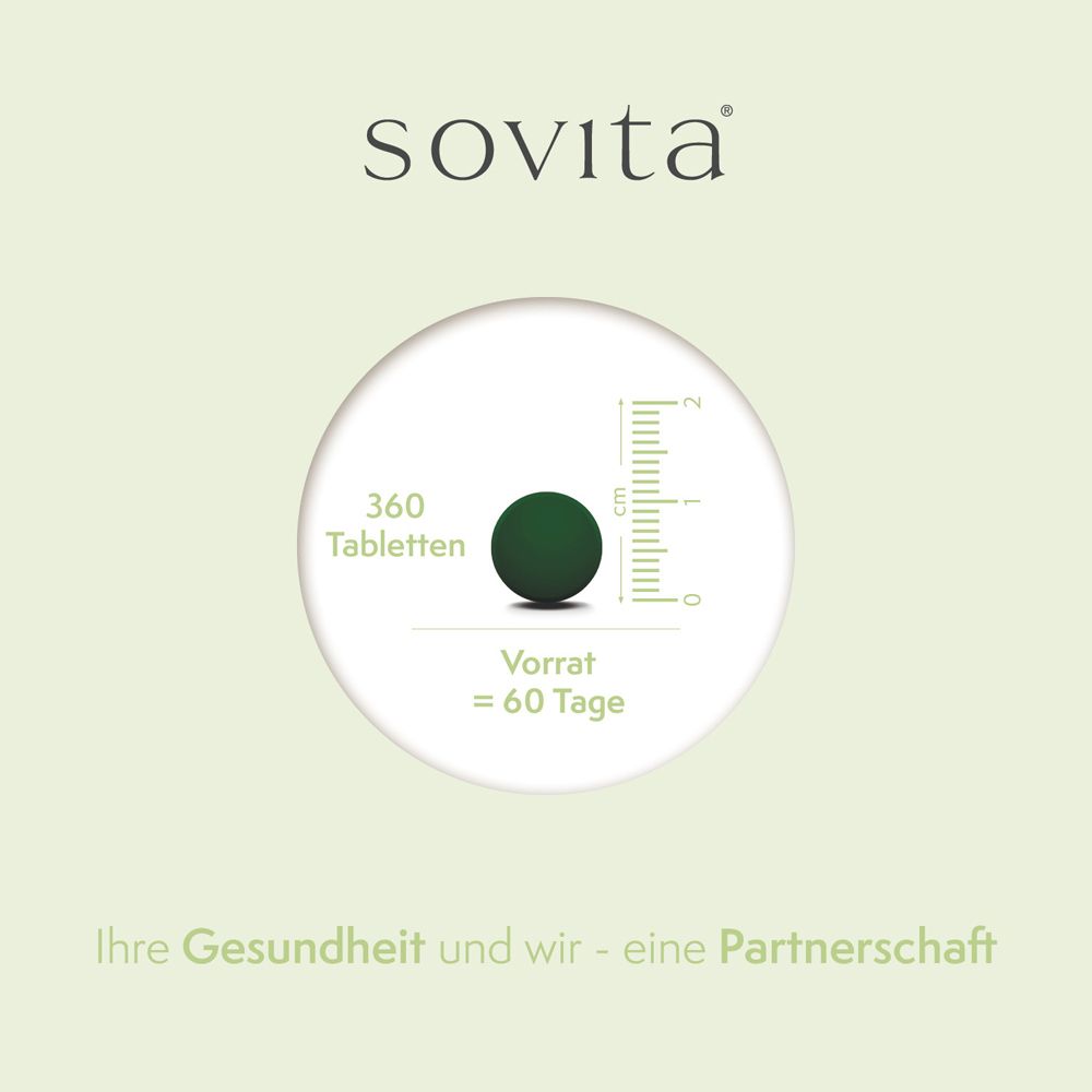 Grüner Kreis mit Tablette und Maßangaben. Text: 360 Tabletten. Vorrat = 60 Tage. Ihre Gesundheit und wir - eine Partnerschaft.