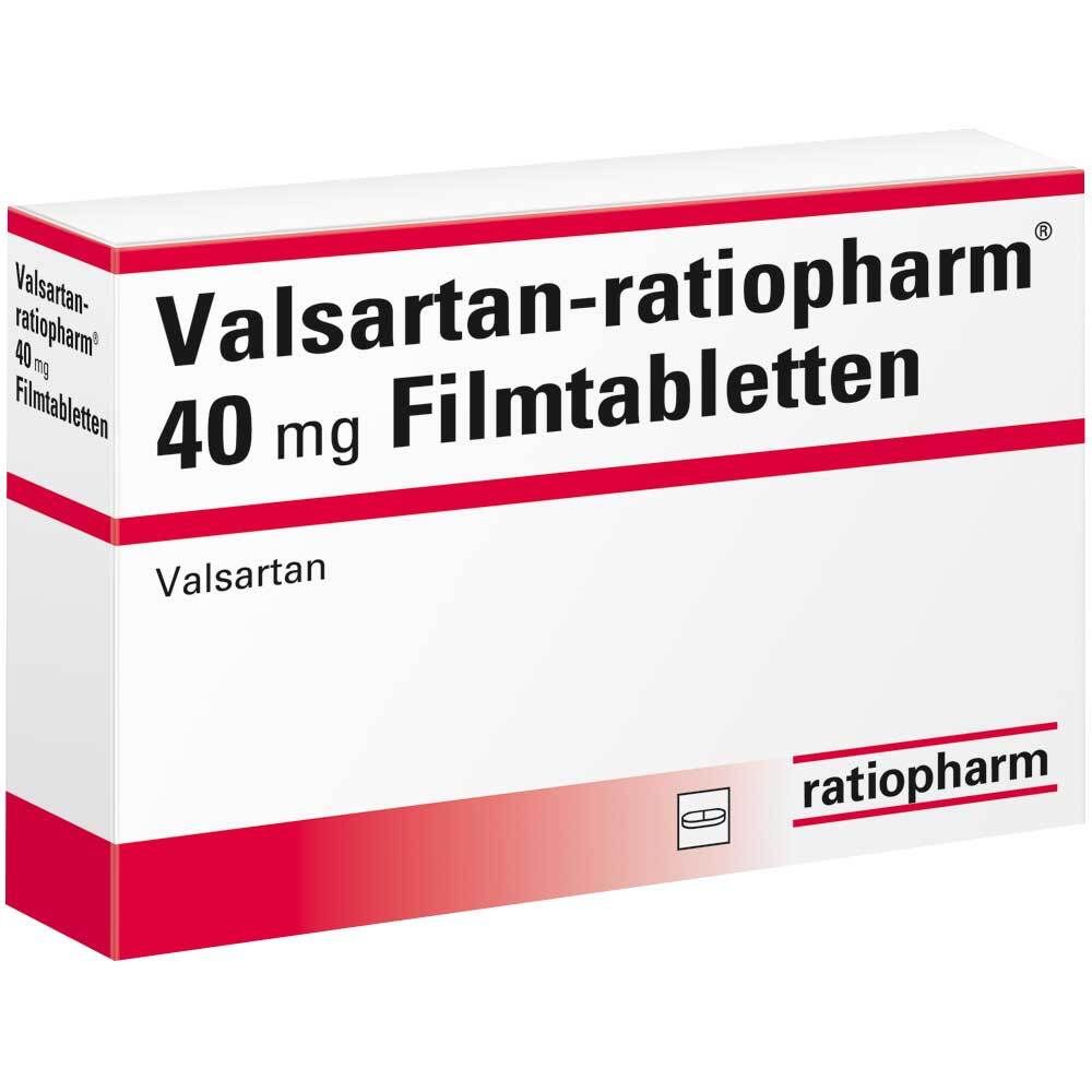 Weiße Schachtel mit roter und schwarzer Schrift. Aufschrift: Valsartan-ratiopharm® 40 mg Filmtabletten. Logo ratiopharm.
