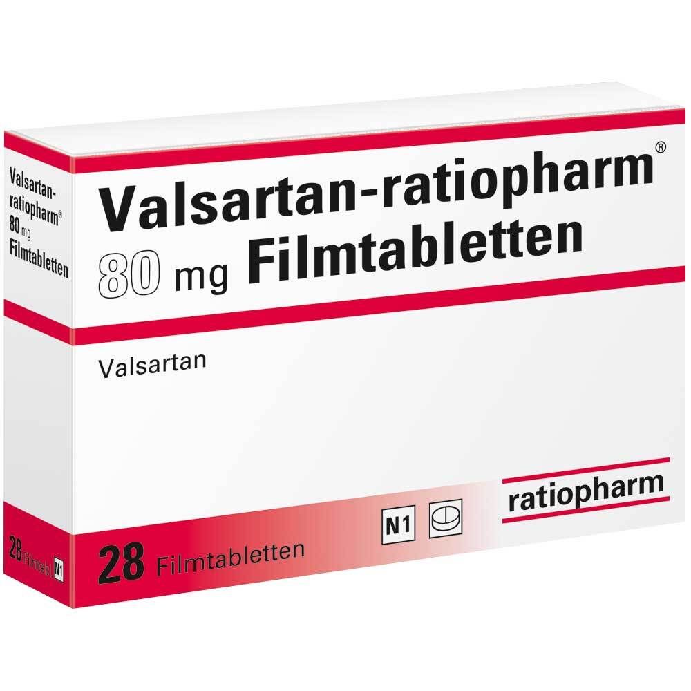 Schachtel mit Valsartan-ratiopharm 80 mg Filmtabletten. Rote und weiße Verpackung mit Produktinformationen.