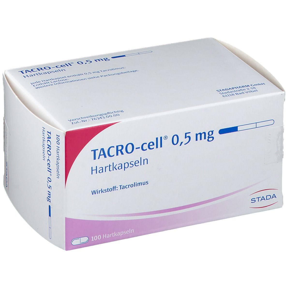 Schachtel mit TACRO-cell® 0,5 mg Hartkapseln. Aufschrift: Wirkstoff Tacrolimus. 100 Hartkapseln. Rosa und weißes Design.