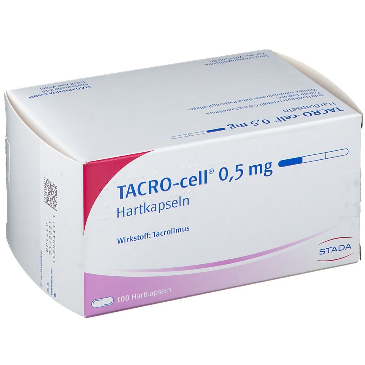 Schachtel mit TACRO-cell® 0,5 mg Hartkapseln. Aufschrift: Wirkstoff Tacrolimus. 100 Hartkapseln. Rosa und weißes Design.