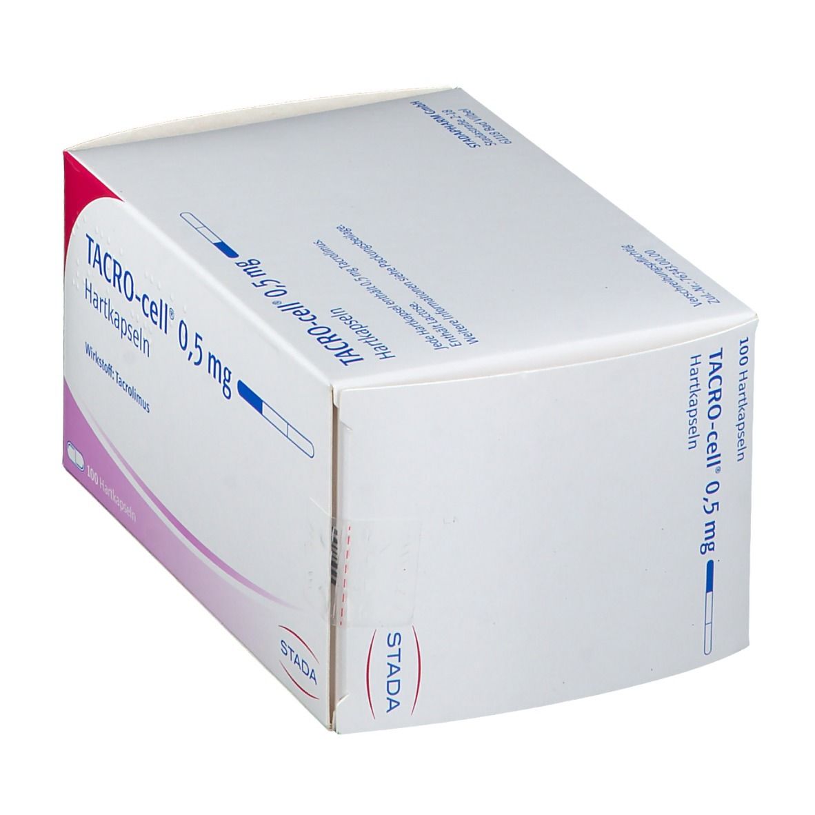 Schachtel mit TACRO-cell® 0,5 mg Hartkapseln. Aufschrift: Wirkstoff Tacrolimus. 100 Hartkapseln. Rosa und weißes Design.