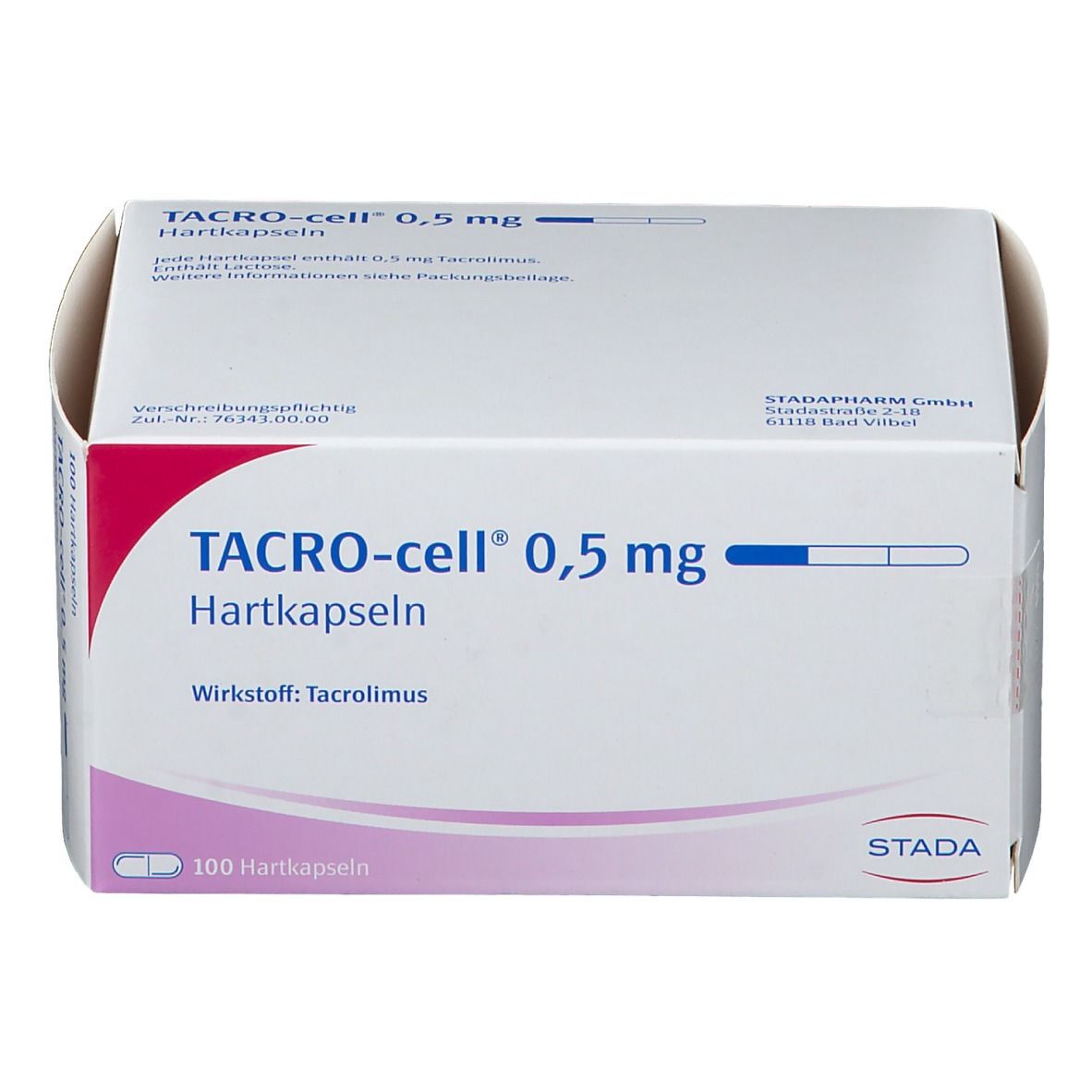 Schachtel mit TACRO-cell® 0,5 mg Hartkapseln. Aufschrift: Wirkstoff Tacrolimus. 100 Hartkapseln. Rosa und weißes Design.