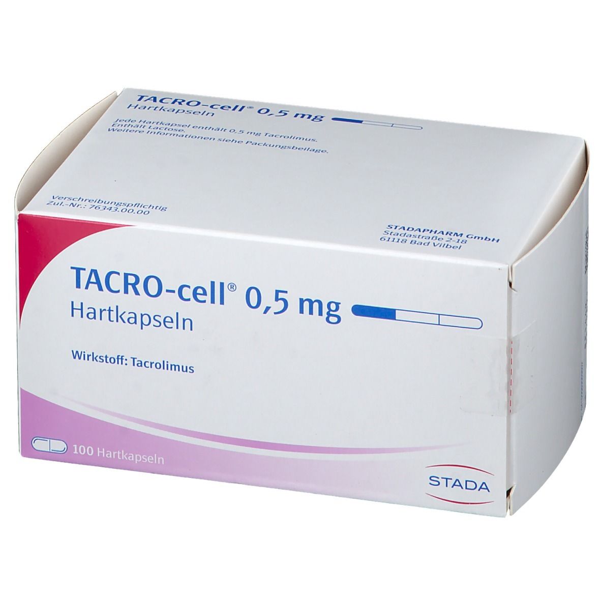 Schachtel mit TACRO-cell® 0,5 mg Hartkapseln. Aufschrift: Wirkstoff Tacrolimus. 100 Hartkapseln. Rosa und weißes Design.