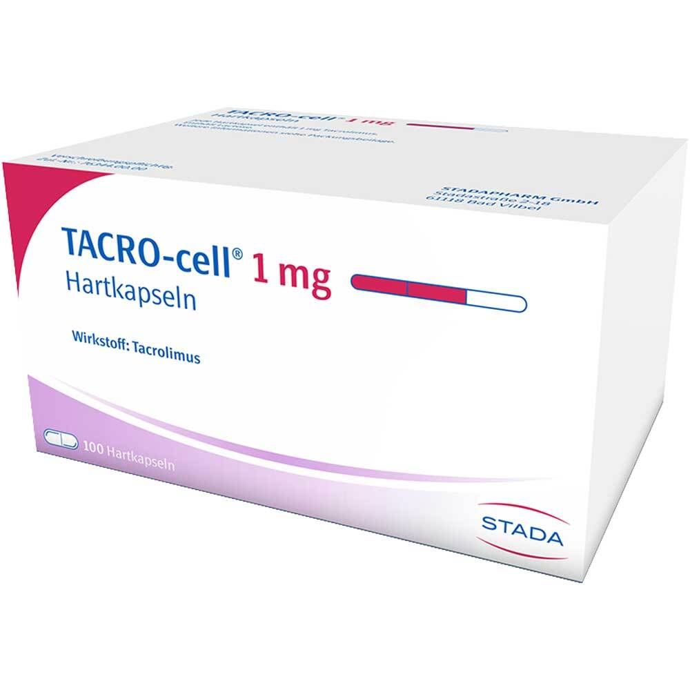 Weiße Schachtel mit Aufschrift TACRO-cell 1 mg Hartkapseln. Wirkstoff: Tacrolimus. STADA-Logo.
