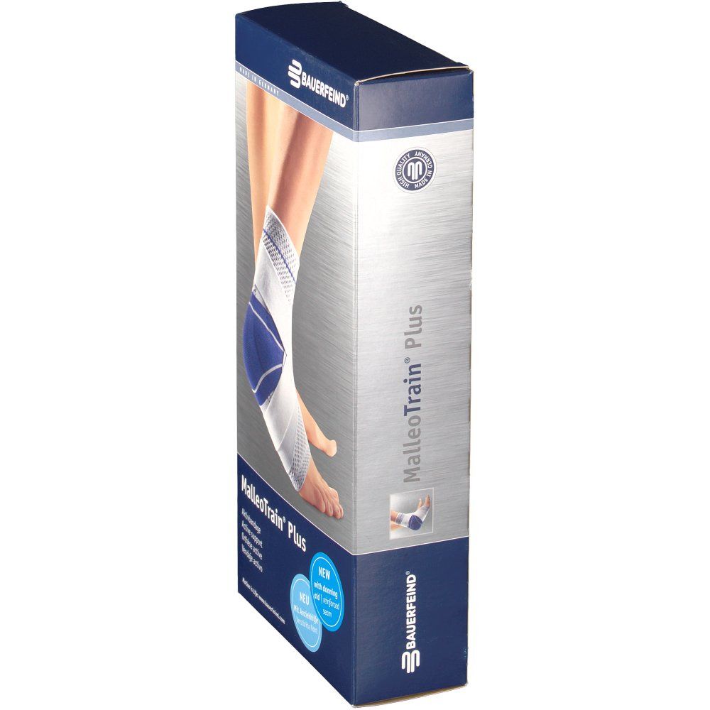 Verpackung von MalleoTrain® Plus. Produktabbildung am Fuß. Marke: Bauerfeind. Mit CE-Kennzeichnung. Neu: mit atmungsaktiven Gestrick.