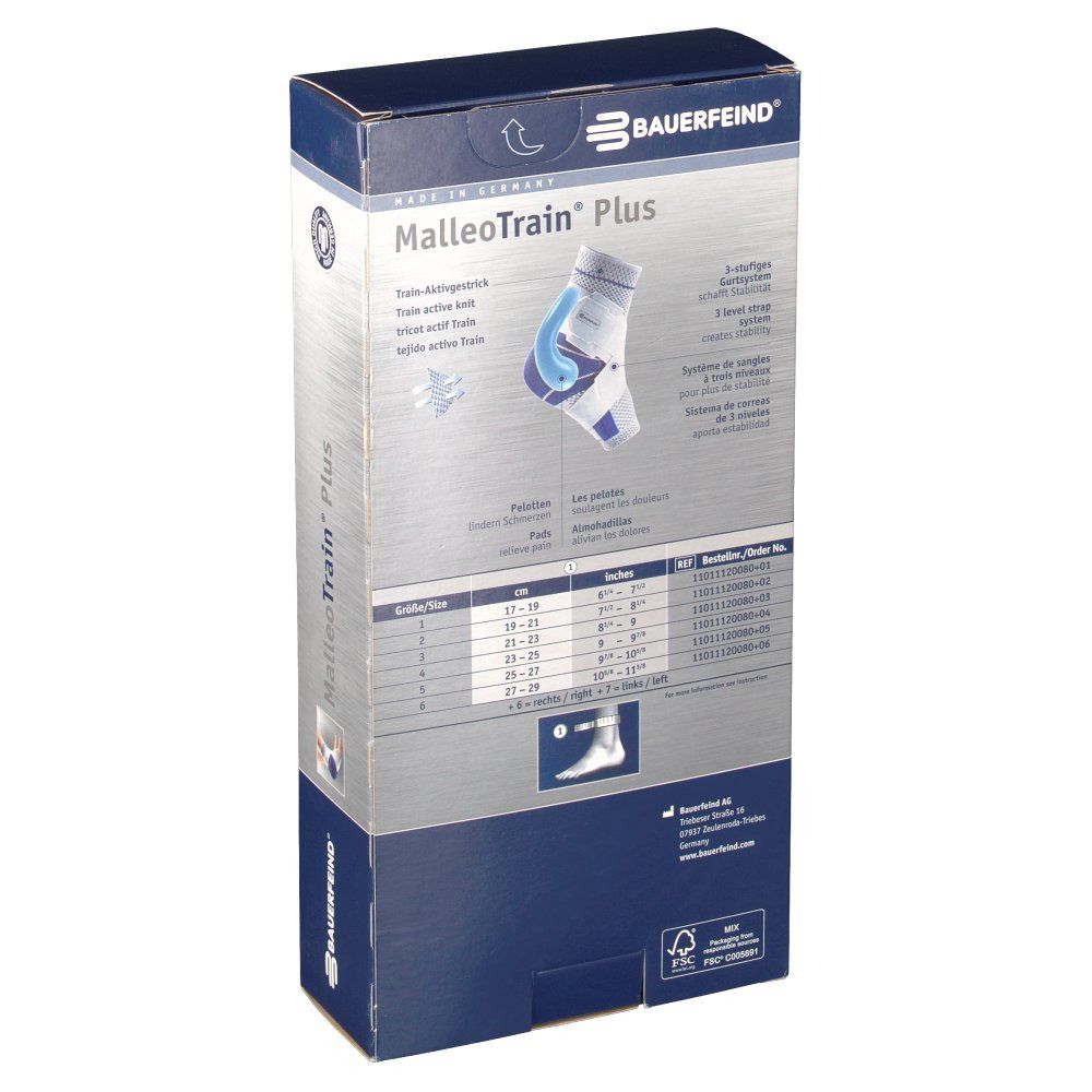 Rückseite der Verpackung von MalleoTrain® Plus. Text: Aktivbandage, orthèse active, ortesis activa. Größentabelle und Produktabbildung.