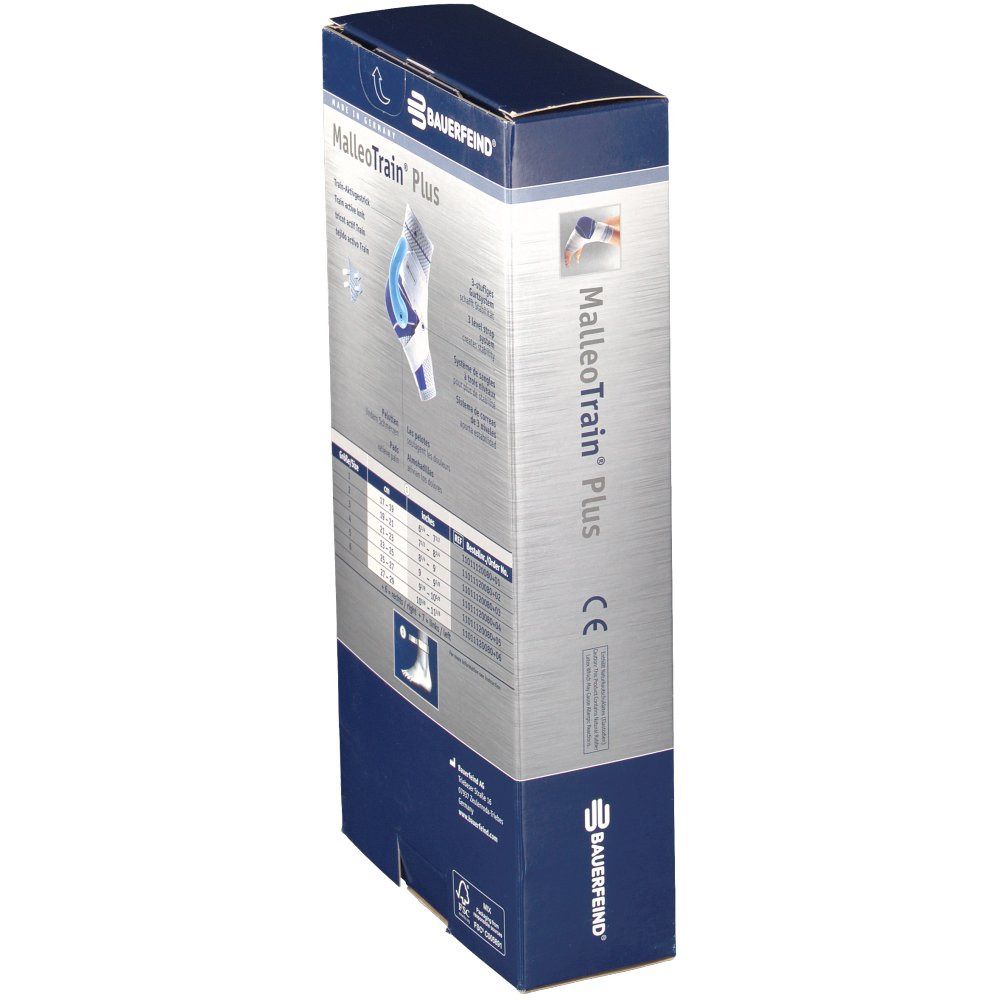 Verpackung von MalleoTrain® Plus. Text: Aktivbandage, orthèse active, ortesis activa. Größentabelle. Marke: Bauerfeind. Mit CE-Kennzeichnung.