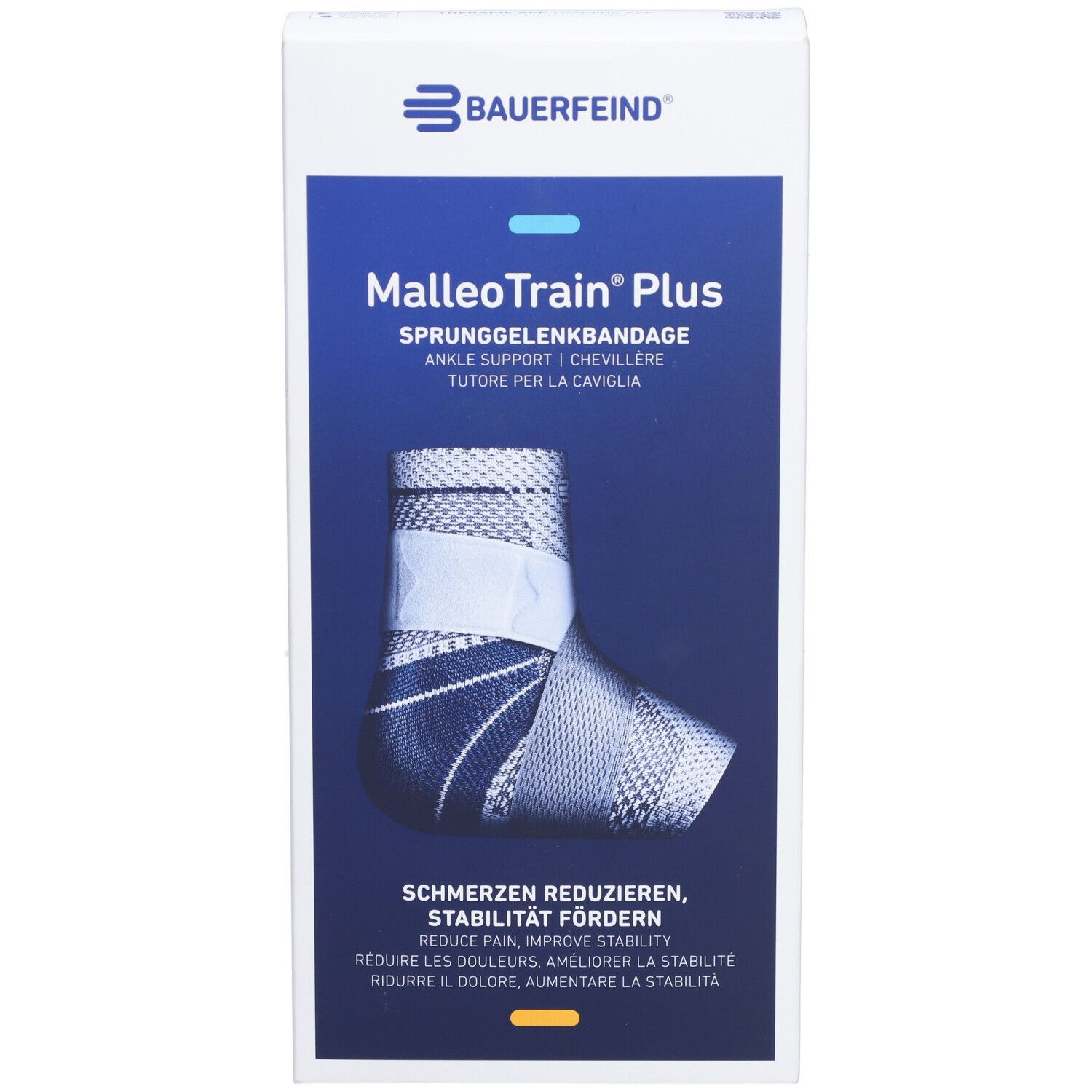 Verpackung, MalleoTrain Plus Sprunggelenkbandage. Produktabbildung, Markenlogo und Produktname.
