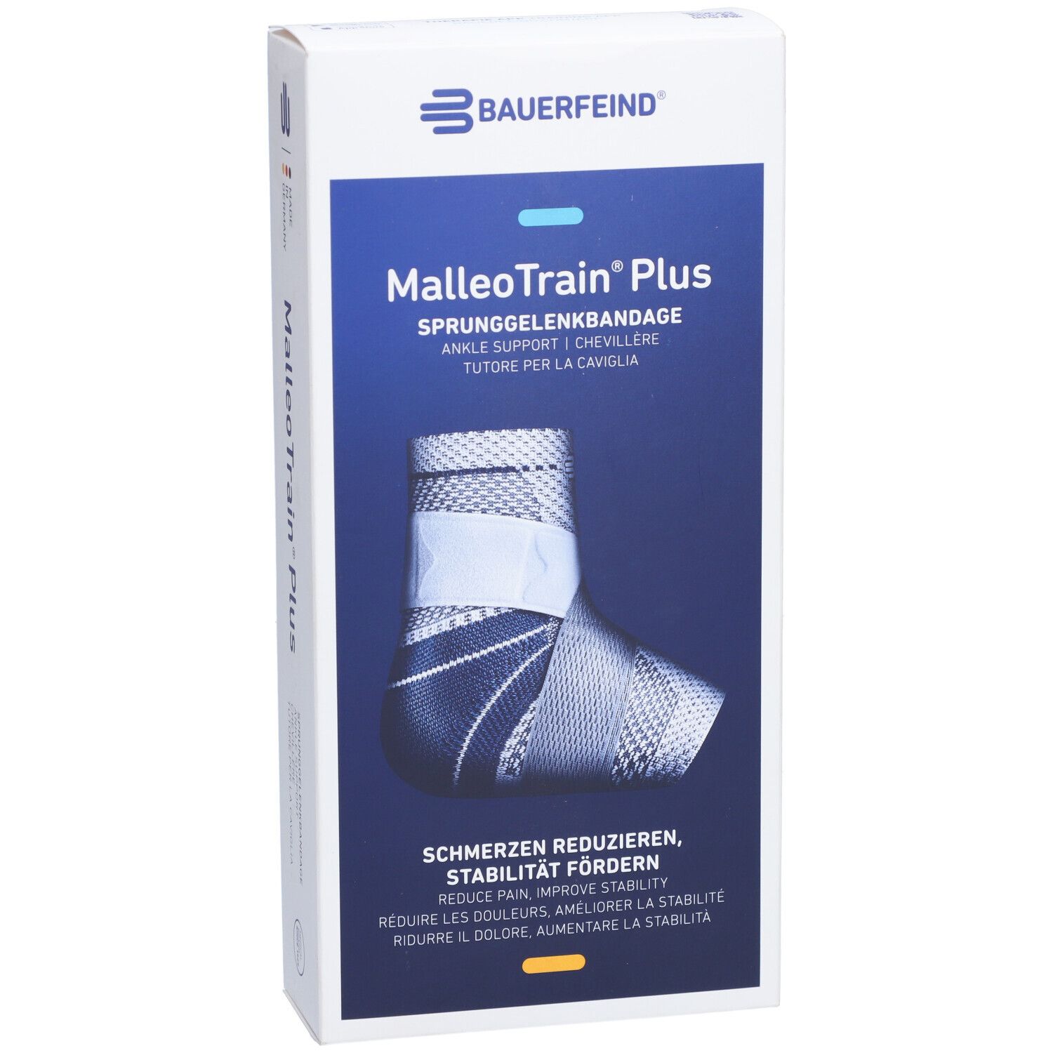 Verpackung, MalleoTrain Plus Sprunggelenkbandage. Produktabbildung, Markenlogo und Produktname.
