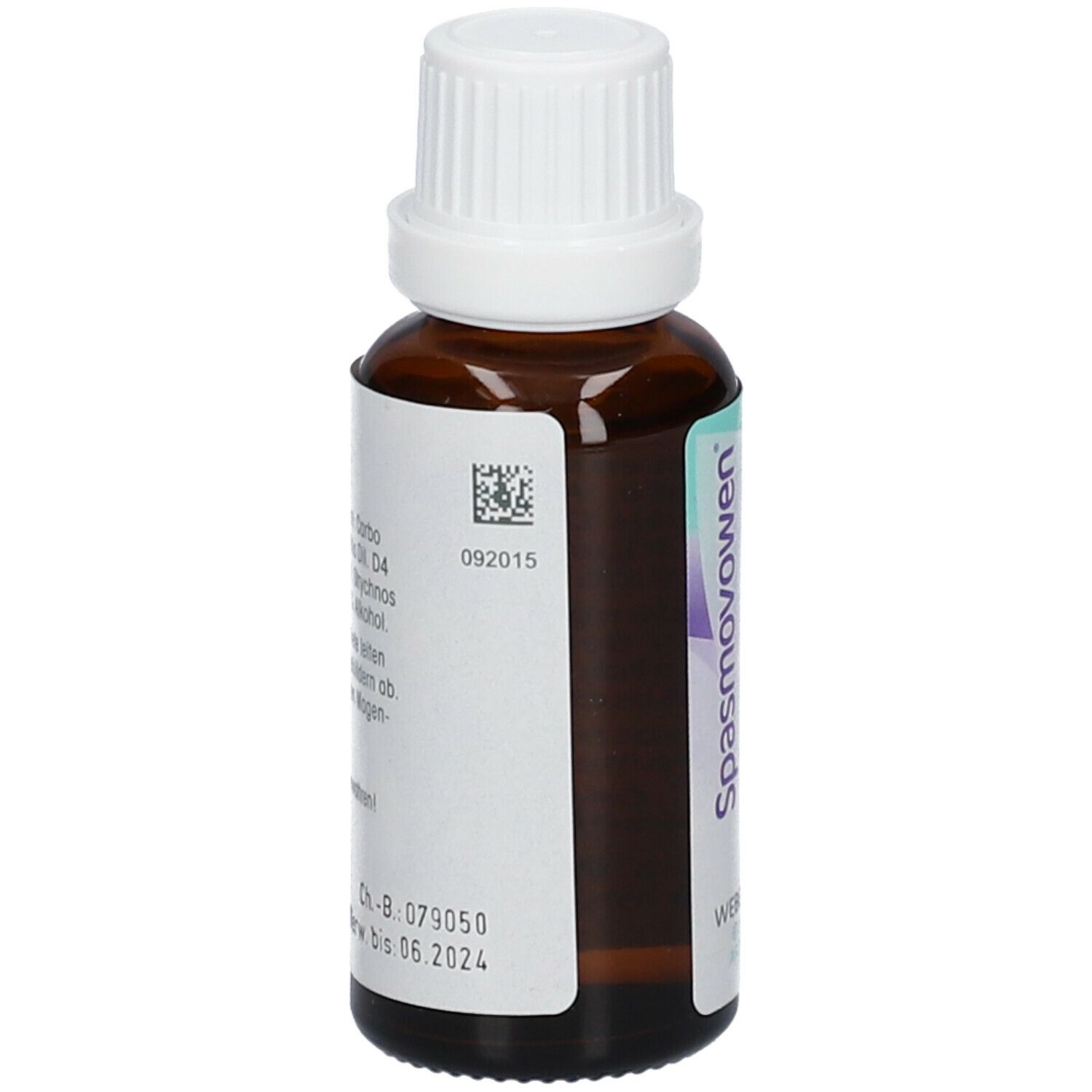 Braune Glasflasche mit weißem Verschluss. Rückseite mit Etikett und Barcode.