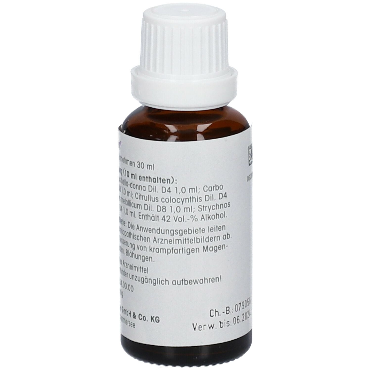 Braune Glasflasche mit weißem Verschluss. Etikett mit Text, Inhaltsstoffe und Herstellerangaben.