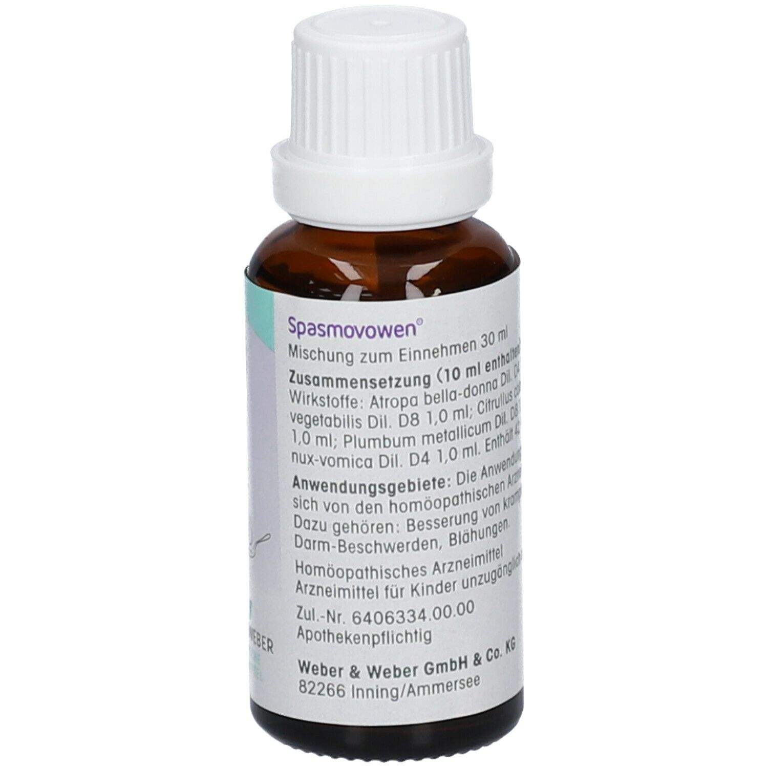 Braune Glasflasche mit weißem Verschluss. Etikett mit Text, Inhaltsstoffe und Herstellerangaben.