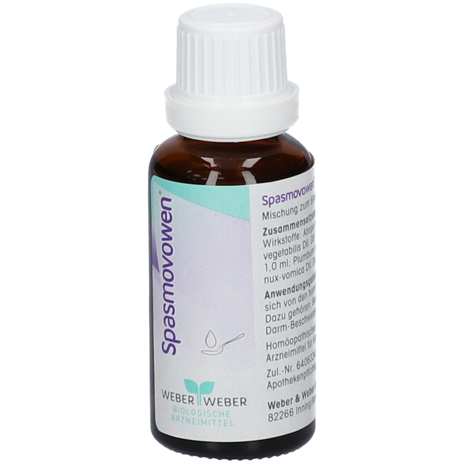 Braune Glasflasche mit weißem Verschluss. Aufschrift Spasmovowen, darunter Logo und Text.
