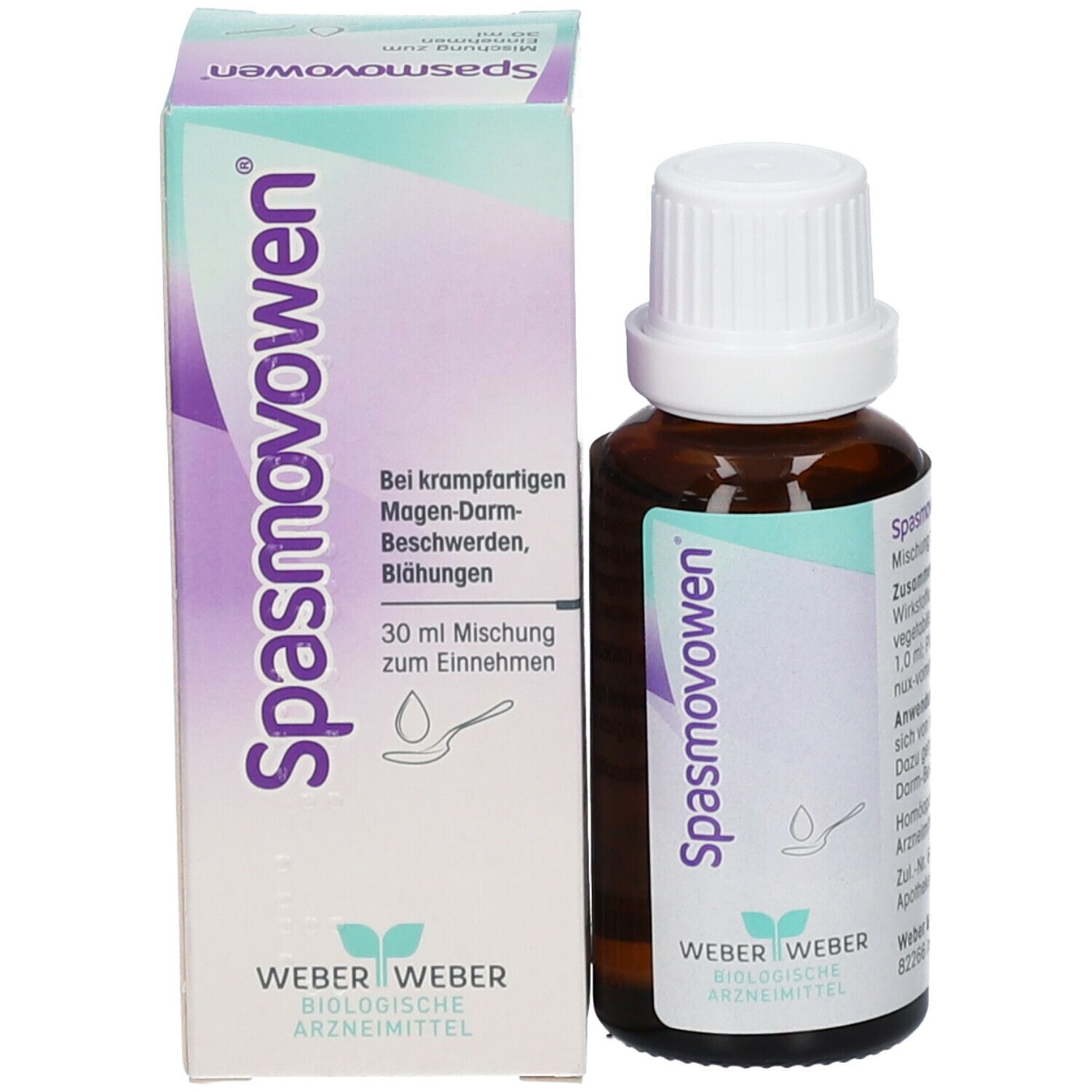 Produktflasche und Schachtel. Aufschrift Spasmovowen. Schachtel mit Text und Logo.