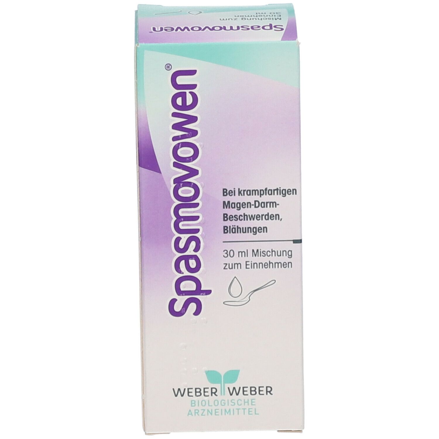 Produktverpackung. Aufschrift Spasmovowen. Schachtel mit Text und Logo.