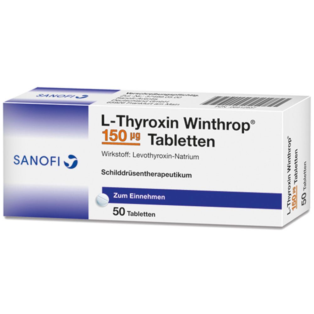 Schachtel mit L-Thyroxin Winthrop 150 µg Tabletten. Sanofi-Logo. 50 Tabletten. Schilddrüsentherapeutikum.