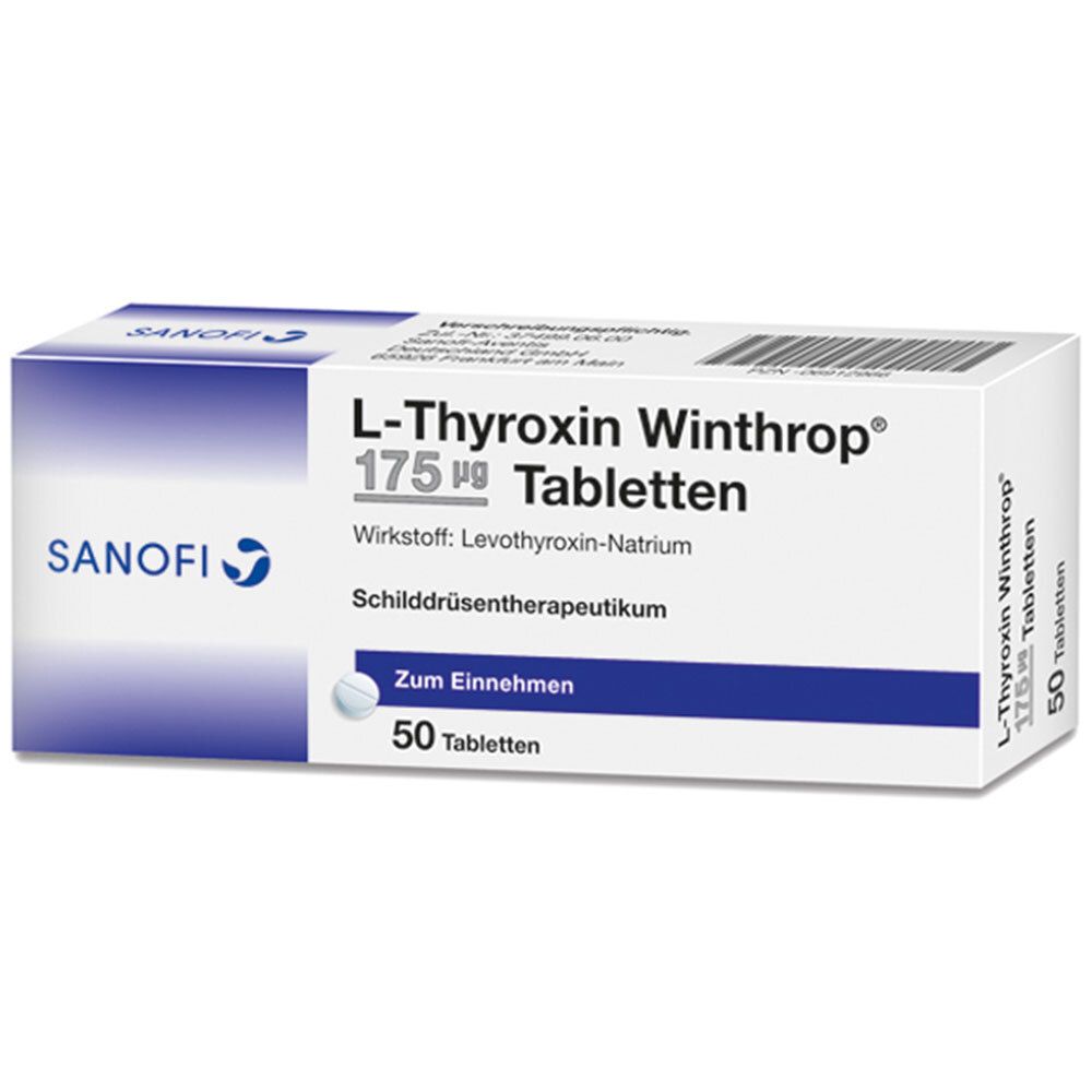 Schachtel L-Thyroxin Winthrop 175 µg Tabletten. Sanofi-Logo. 50 Tabletten. Schilddrüsentherapeutikum. Wirkstoff: Levothyroxin-Natrium.