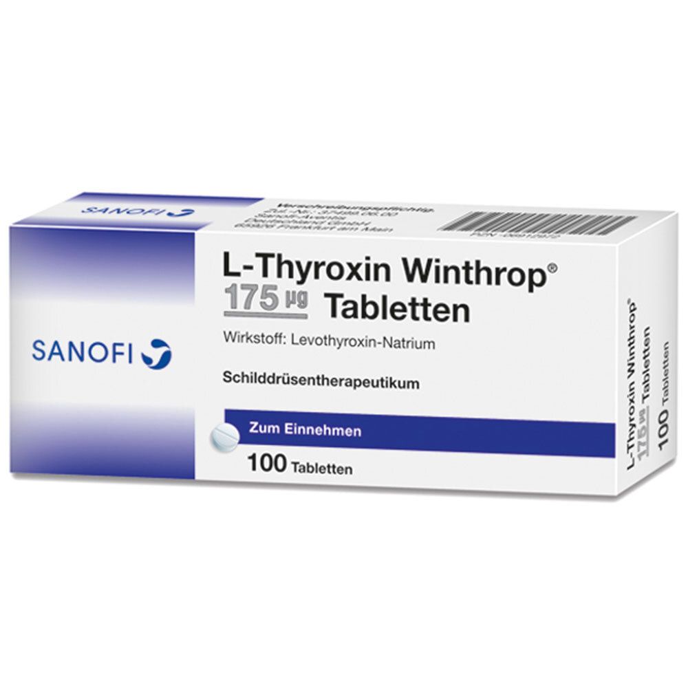 Schachtel L-Thyroxin Winthrop 175 µg Tabletten. Sanofi-Logo. 100 Tabletten. Wirkstoff: Levothyroxin-Natrium. Schilddrüsentherapeutikum.