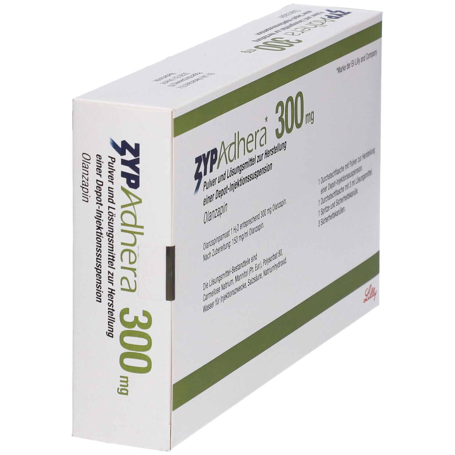 ZYP-Adhera® 300 mg-Verpackung, schräg. Enthält Pulver und Lösungsmittel zur Herstellung einer Depot-Injektionssuspension. Enthält Olanzapin. Weiße Schachtel mit grünen Akzenten.