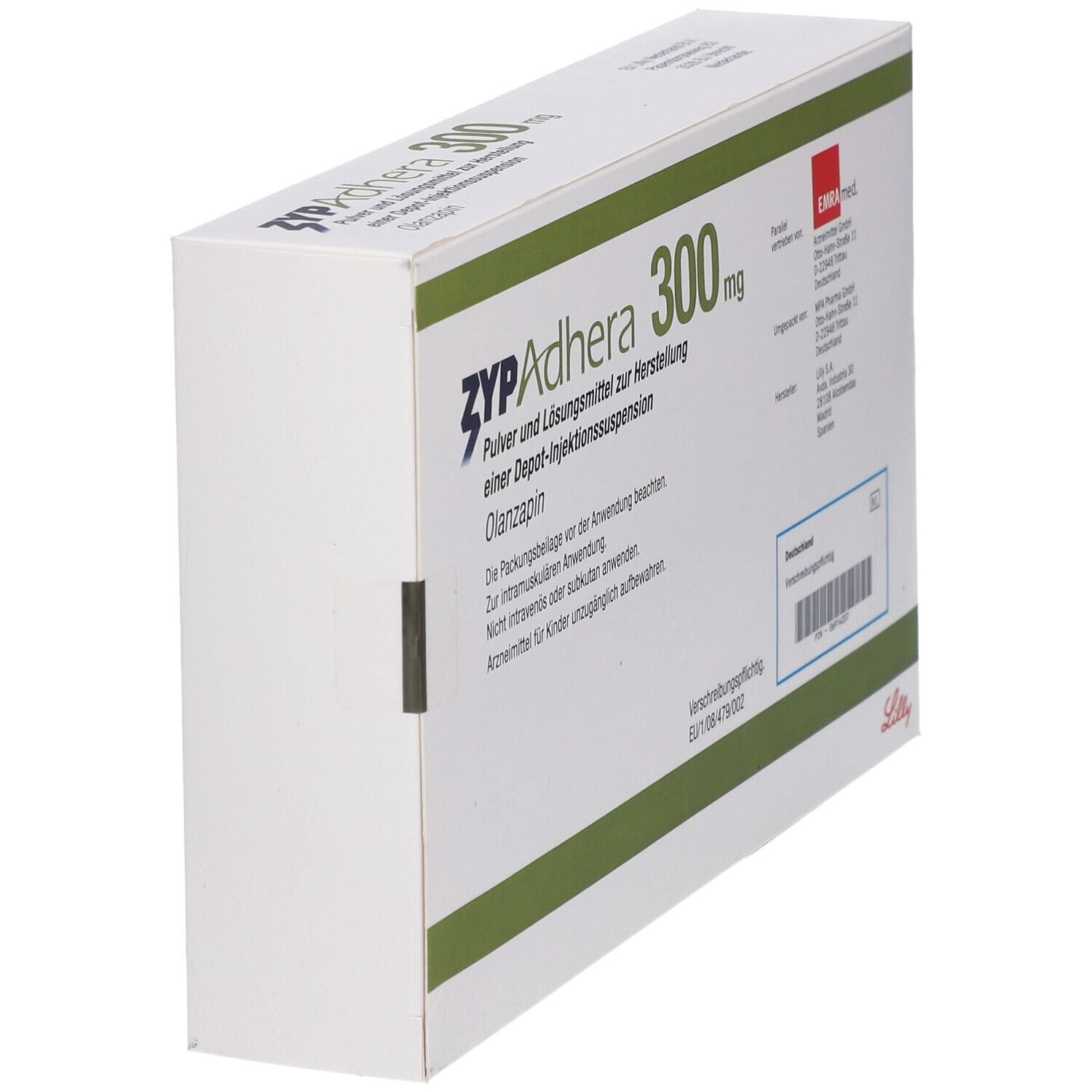 ZYP-Adhera® 300 mg-Verpackung, schräg. Enthält Pulver und Lösungsmittel zur Herstellung einer Depot-Injektionssuspension. Enthält Olanzapin. Weiße Schachtel mit grünen Akzenten.