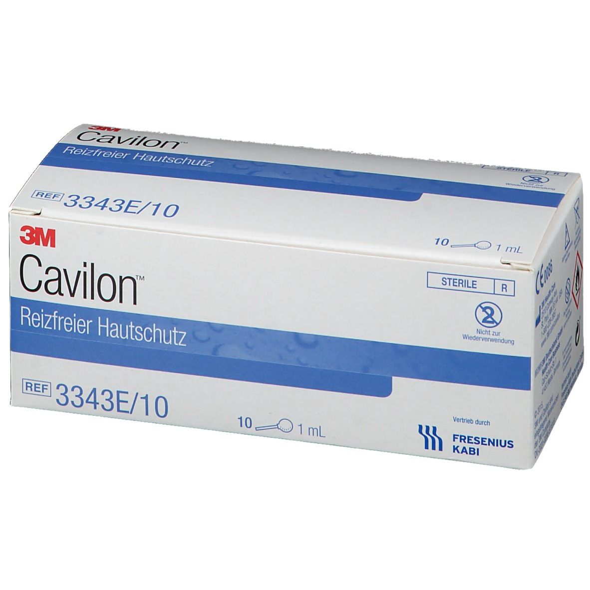 Karton mit Cavilon Reizfreier Hautschutz. 3M-Logo und Produktbezeichnung. REF 3343E/10. 10 x 1 ml. Steril.