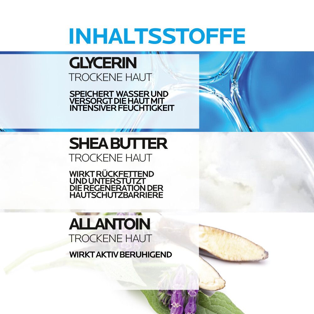 Inhaltsstoffe der La Roche-Posay Lipikar Xerand Handcreme: Glycerin, Sheabutter, Allantoin. Für trockene Haut.