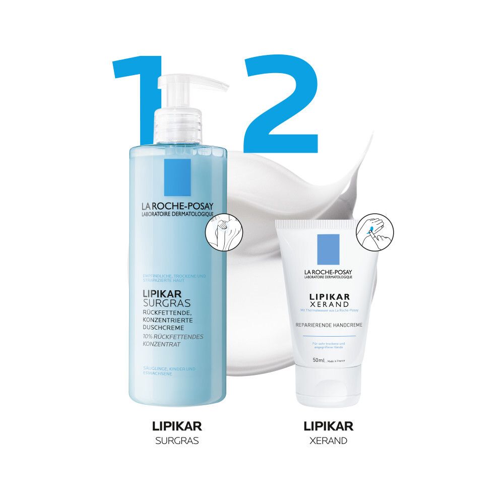 La Roche-Posay Produkte: Lipikar Surgras Duschcreme und Lipikar Xerand Handcreme. Beide in hellblauen Verpackungen.