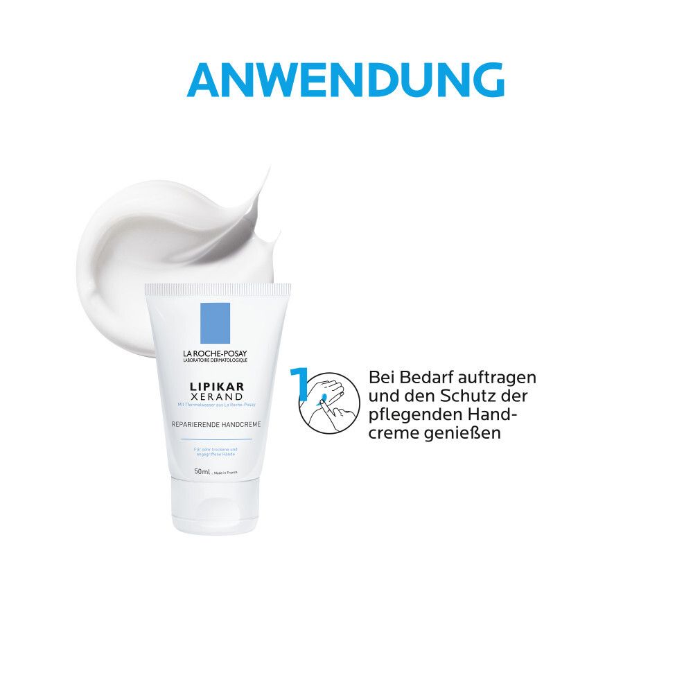 Anwendung der La Roche-Posay Lipikar Xerand Handcreme. Auf die Hände auftragen.