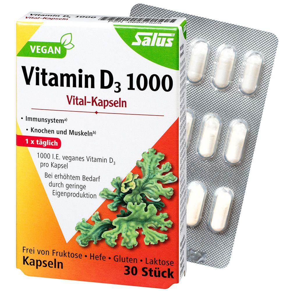 Schachtel und Blisterpackung mit Kapseln. Auf der Schachtel: Salus Vitamin D3 1000 Vital-Kapseln, vegan, 30 Stück. Blisterpackung mit weißen Kapseln.