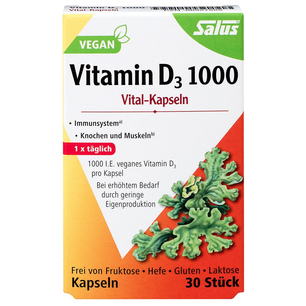 Produktverpackung von Salus Vitamin D3 1000 Vital-Kapseln. Aufschrift: vegan, 1000 I.E. veganes Vitamin D3 pro Kapsel, 30 Stück. Grün-gelber Hintergrund.