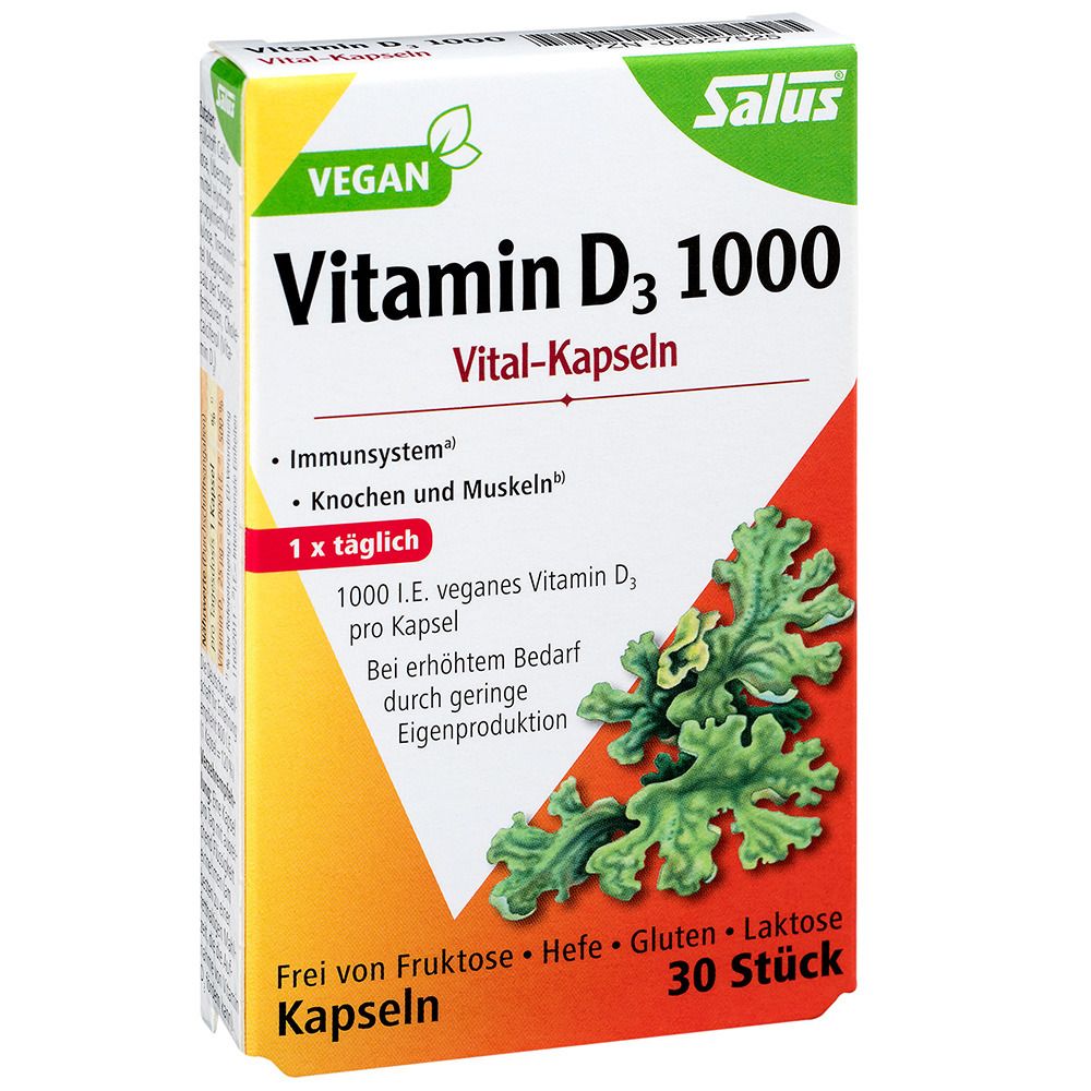 Produktverpackung von Salus Vitamin D3 1000 Vital-Kapseln. Aufschrift: vegan, 1000 I.E. veganes Vitamin D3 pro Kapsel, 30 Stück. Schräge Ansicht.