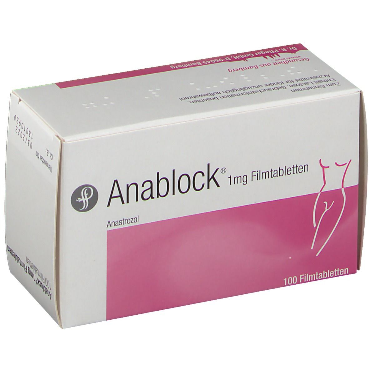 Weiße Schachtel mit rosa Fläche. Aufdruck: Anablock 1 mg Filmtabletten, 100 Filmtabletten. Abbildung einer Frau.