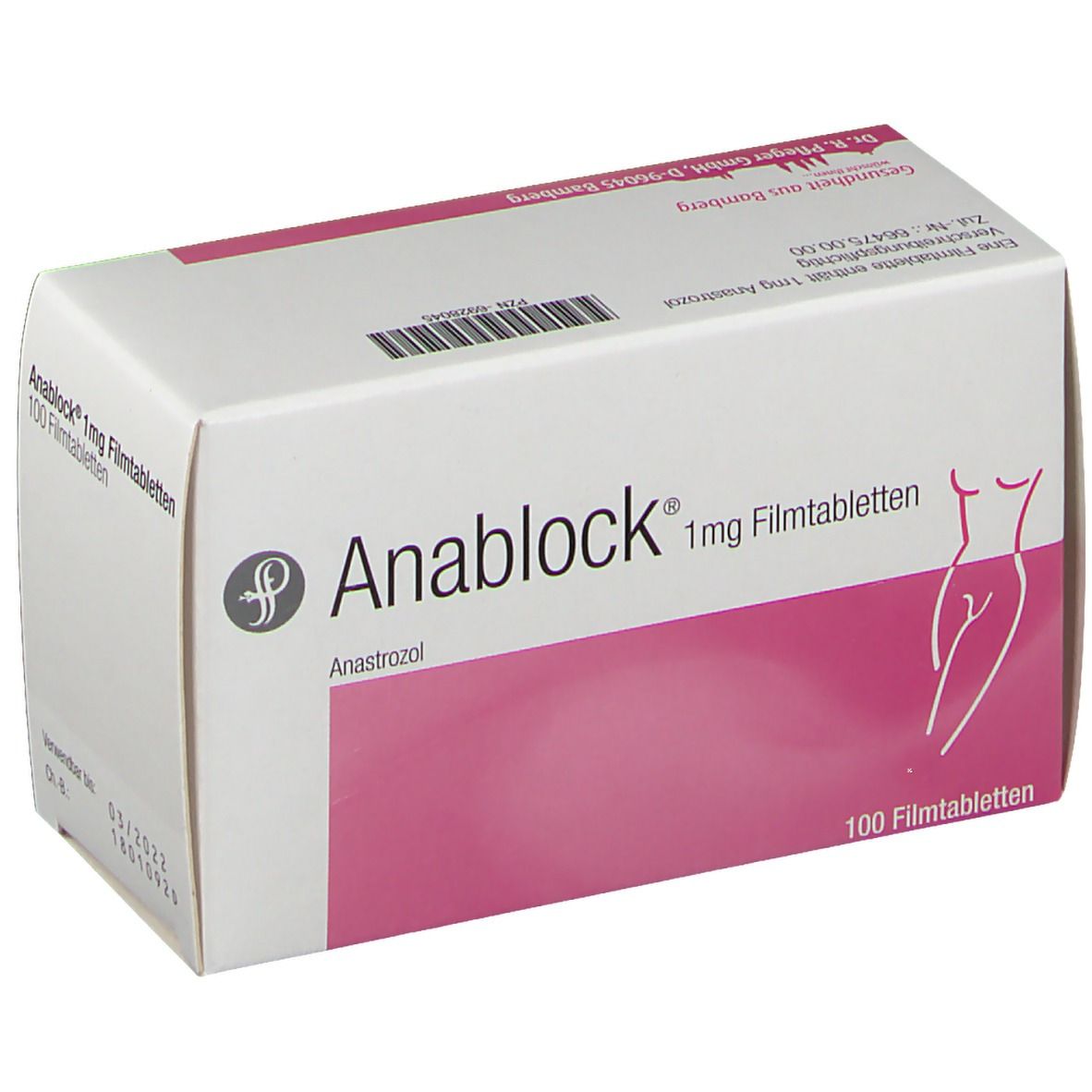 Weiße Schachtel mit rosa Fläche. Aufdruck: Anablock 1 mg Filmtabletten, 100 Filmtabletten. Abbildung einer Frau.