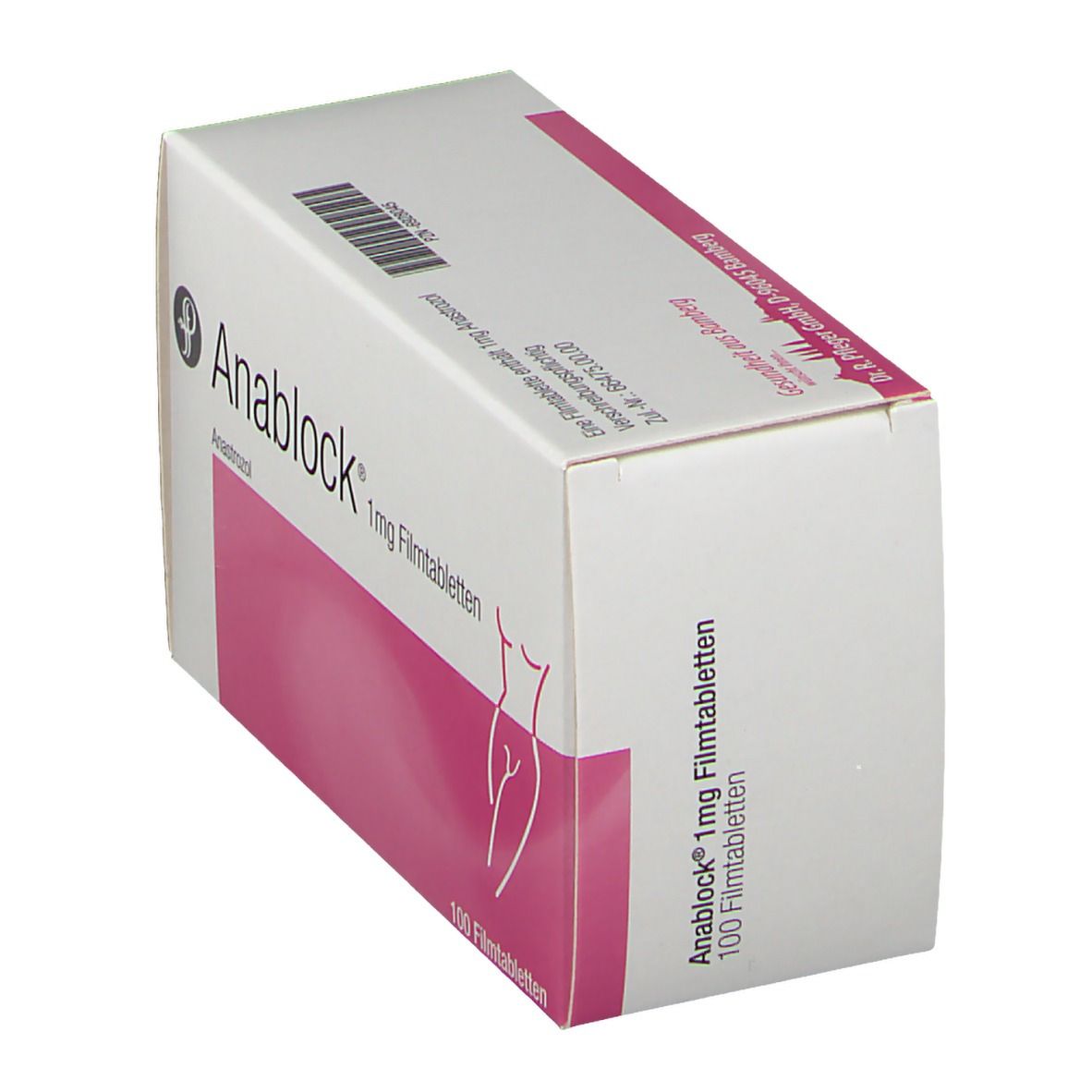 Schachtel Anablock 1 mg Filmtabletten, schräg. Weiße Verpackung mit rosa Akzent. Aufdruck und Abbildung einer Frau.