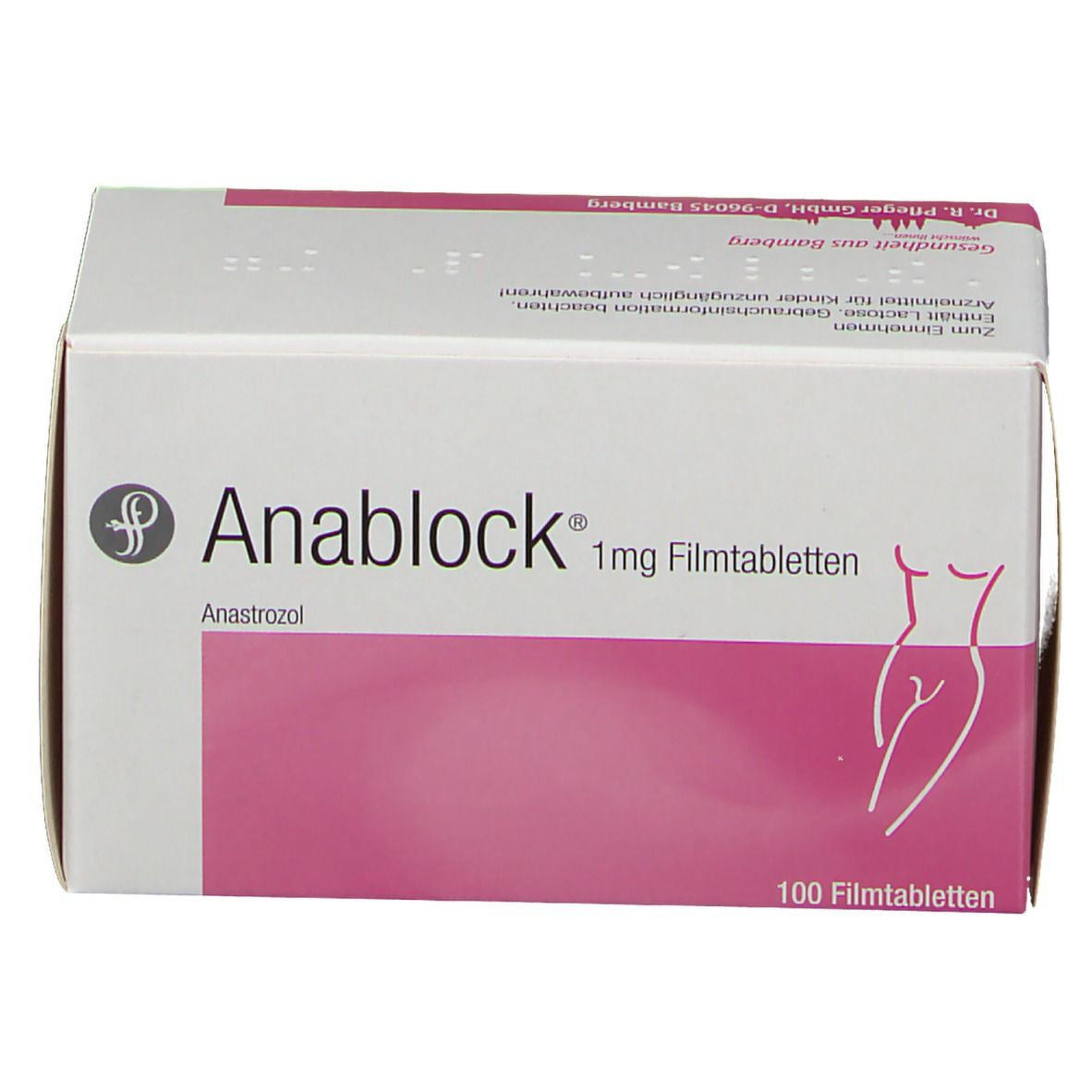 Weiße Schachtel mit rosa Fläche. Aufdruck: Anablock 1 mg Filmtabletten, 100 Filmtabletten. Abbildung einer Frau.
