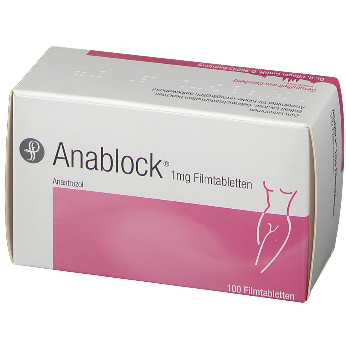 Weiße Schachtel mit rosa Fläche. Aufdruck: Anablock 1 mg Filmtabletten, 100 Filmtabletten. Abbildung einer Frau.