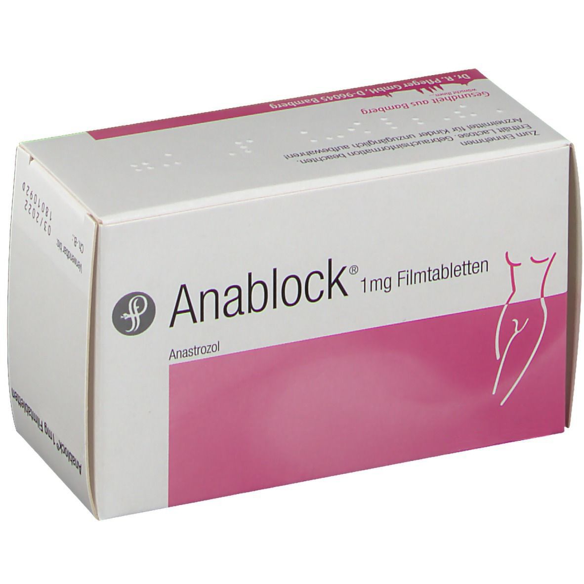 Weiße Faltschachtel mit rosa Fläche. Aufdruck: Anablock 1 mg Filmtabletten, Anastrozol. Abbildung einer weiblichen Figur.