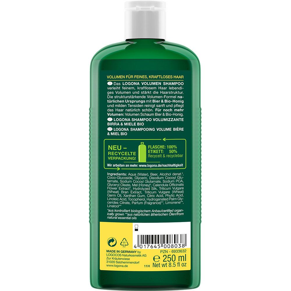 LOGONA Naturkosmetik Volumen Shampoo Bier & Bio-Honig