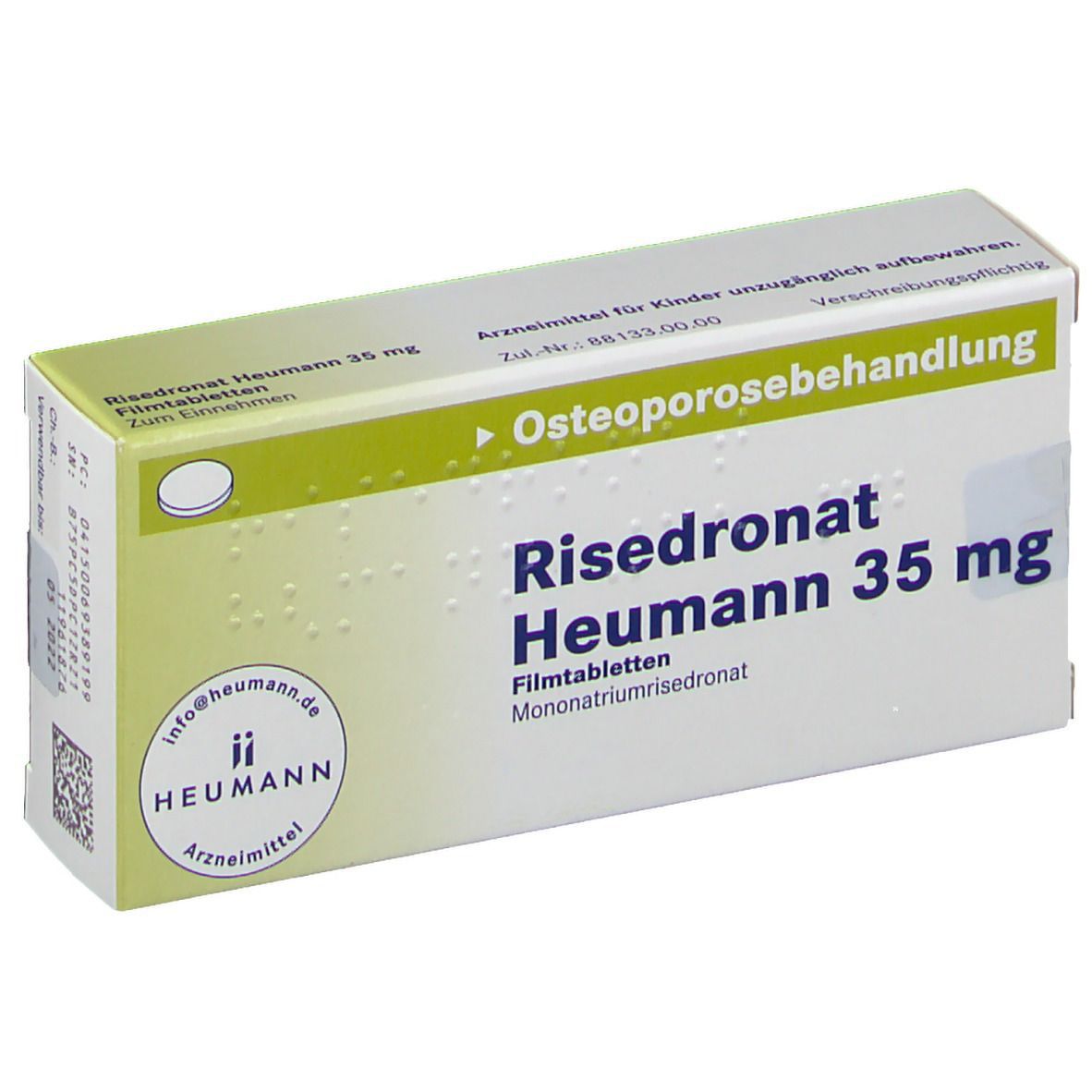 Schachtel mit Risedronat Heumann 35 mg Filmtabletten. Aufschrift: Osteoporosebehandlung, Heumann, 35 mg.
