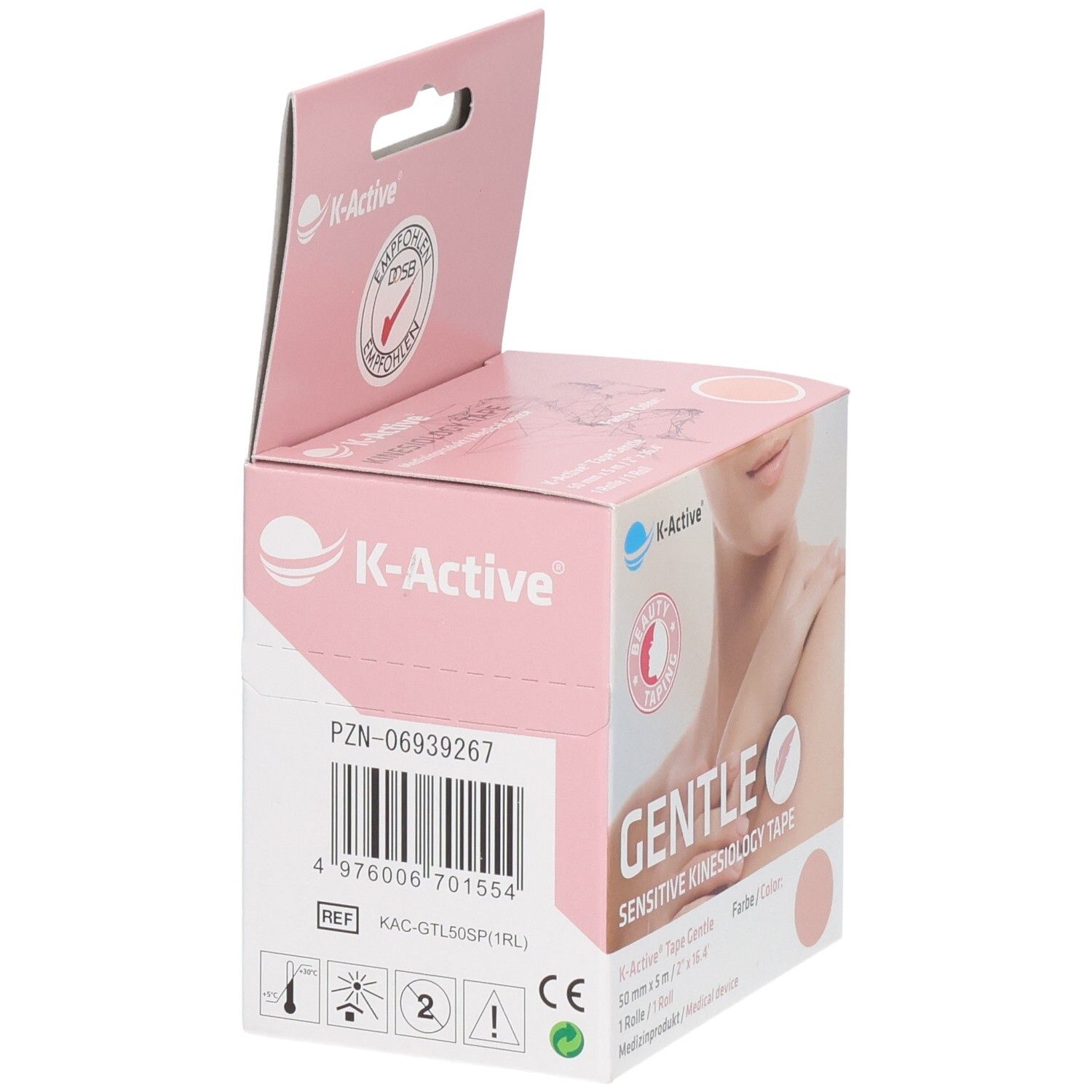 K-Active Tape Gentle Box. Barcode und Produktinformationen. Aufdruck: Gentle Sensitive Kinesiologie Tape. Rosa.